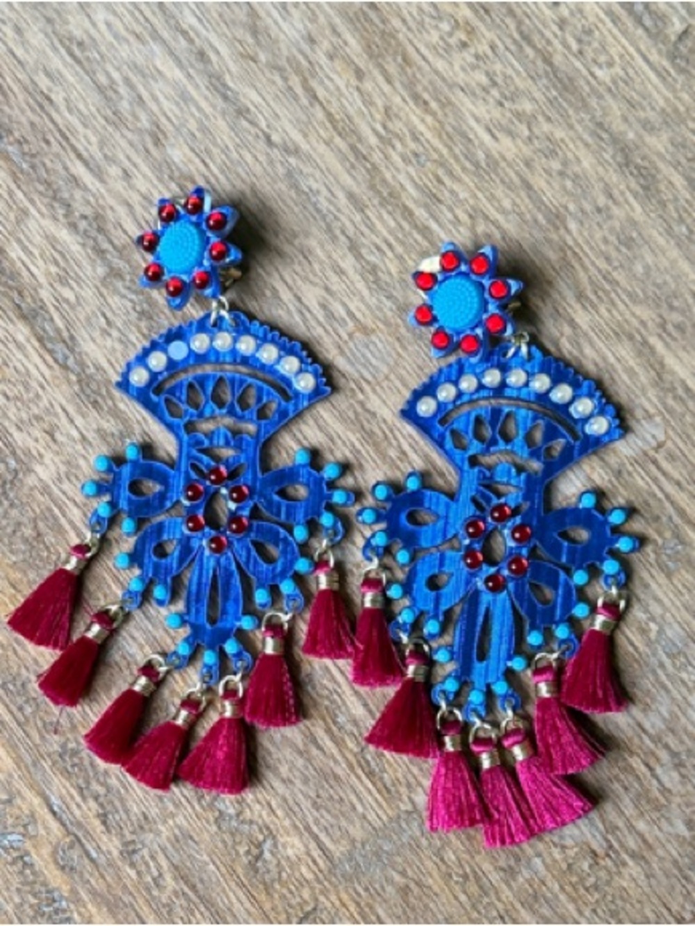 Mercedes Salazar Bold Blue and Pink Tassel Statement Earrings